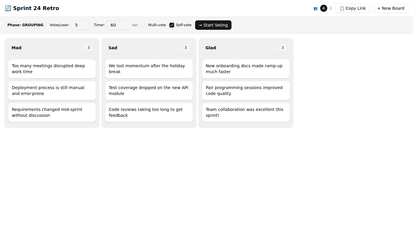 Grouping phase showing revealed cards with voting configuration