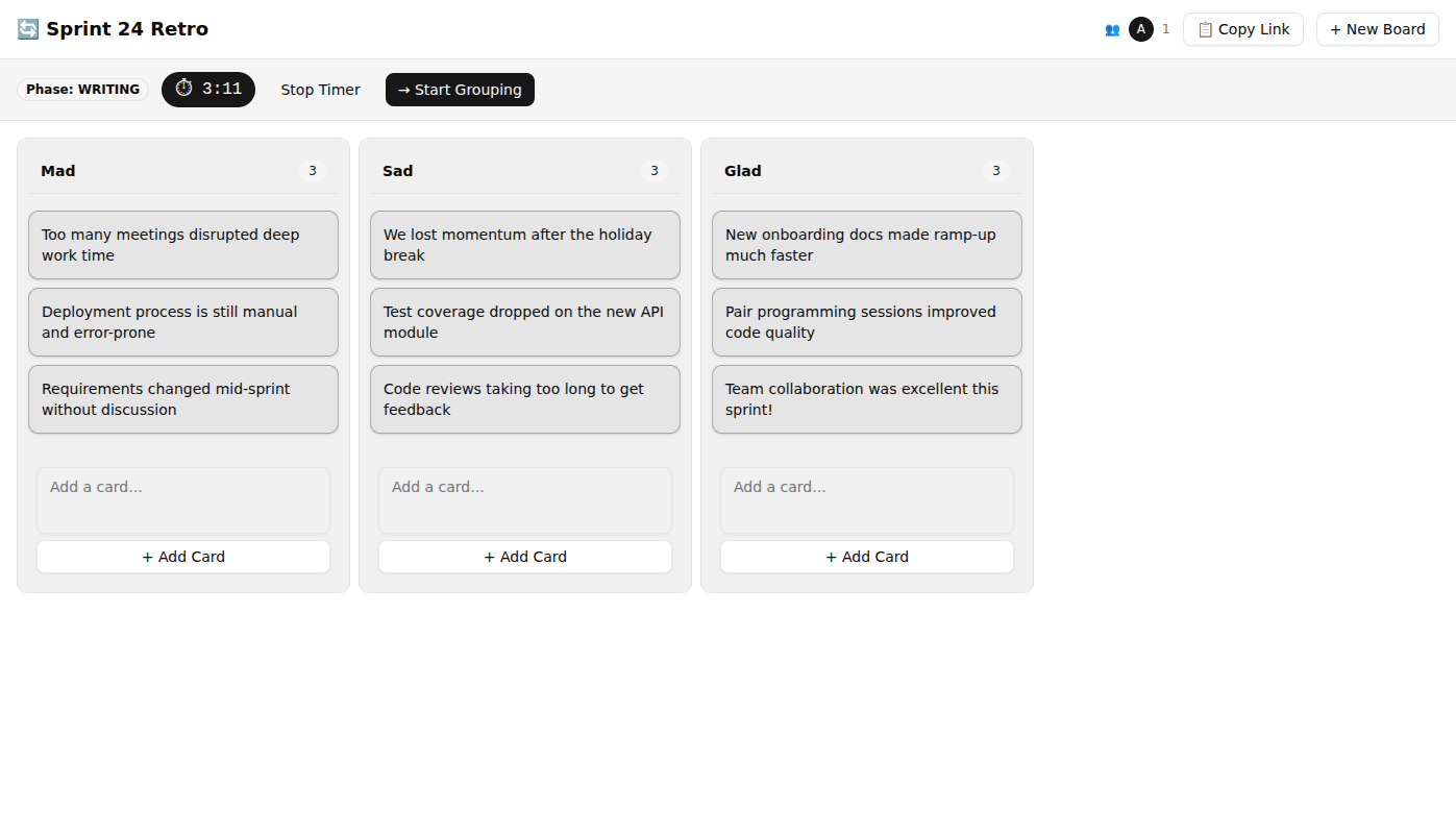 Writing phase showing cards being added with timer running